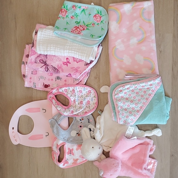Other - Mixed lot of bibs, burp cloths, lovey toys, hooded towel, and fleece blanket.